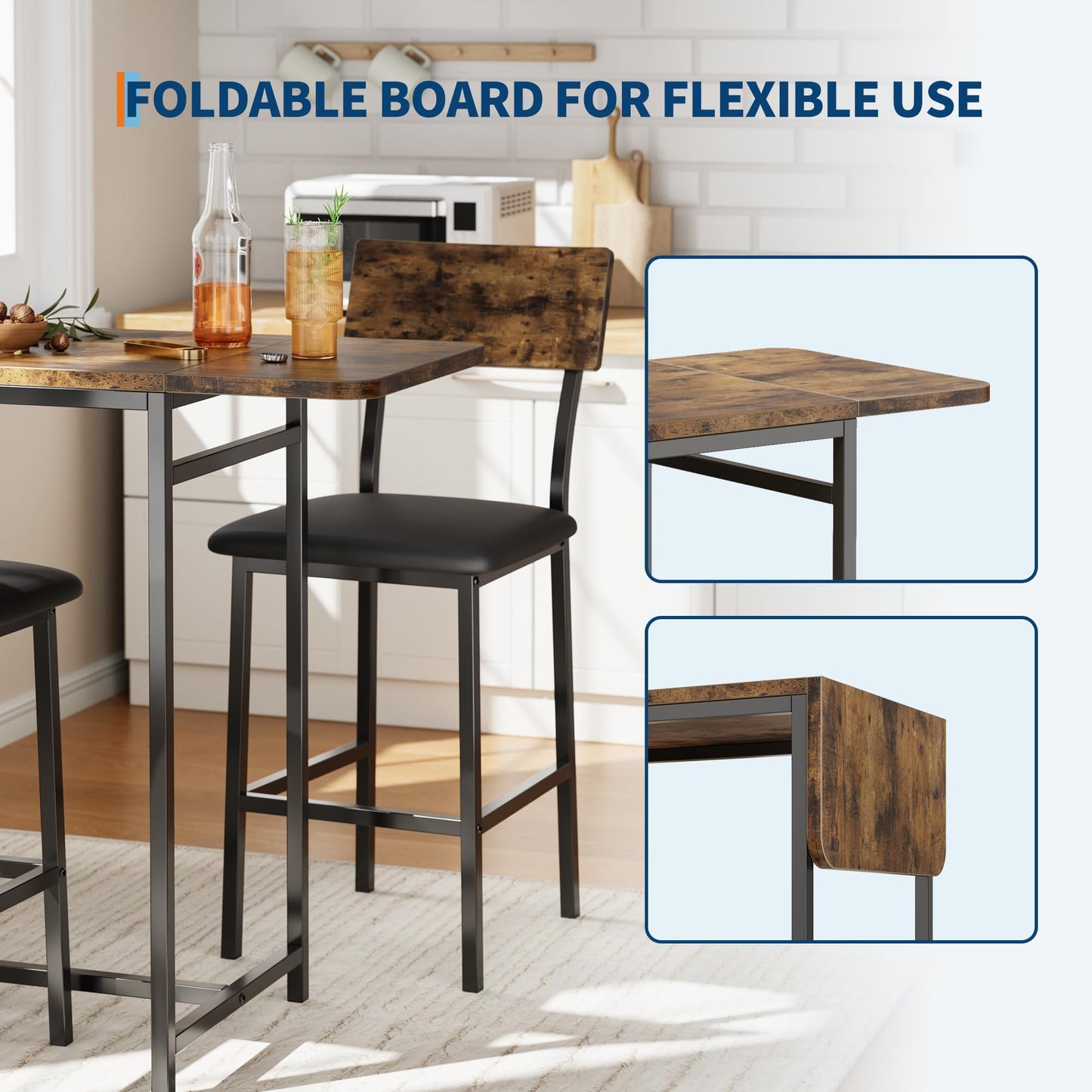 GarveeHome Bar Table and Chairs Set for 2, 3-Piece Bar Table Set with Storage Shelves, Cup Holder & Wine Rack, PU Leather Bar Stools, Small Dining Table for 2 for Kitchen, Breakfast Nook, Brown