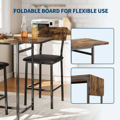 GarveeHome Bar Table and Chairs Set for 2, 3-Piece Bar Table Set with Storage Shelves, Cup Holder & Wine Rack, PU Leather Bar Stools, Small Dining Table for 2 for Kitchen, Breakfast Nook, Brown