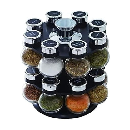 Kamenstein Ellington 16 Jar Revolving Spice Rack with Prefilled Spices - Rotating Chrome and Plastic Countertop Organizer with Sifter Caps and Labeled Lids