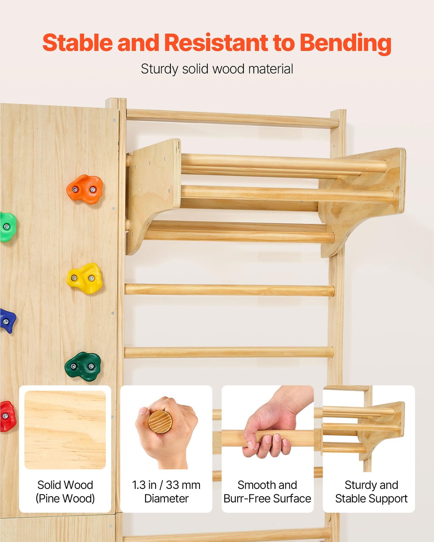 VEVOR Swedish Ladder Wall Gym, 9-in-1 12-Level Solid Wood Gymnastic Stall Bars for Kids Adults, 220LBS Indoor Jungle Gym with Rock Climbing Wall, Gym Rings, Pull-Up Bar, Climbing Board, Slide, Swing