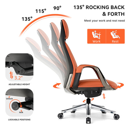 EUREKA ERGONOMIC Serene Executive Office Chair, Premium Nappa Leather High Back Boss Chair with Aluminum Base, Ergonomic Chair with Lumbar Support & Recline, Heavy Duty for Long-Hour Comfort, Orange