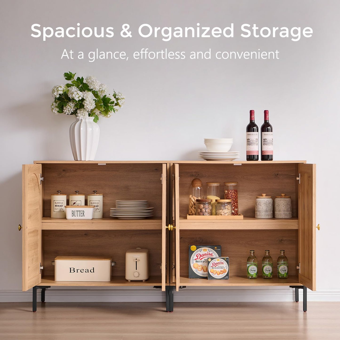 IFGET Modern Buffet Cabinet with Storage, 92.63" W Fluted Arched Sideboard Cabinet w/Adjustable Shelves, Wooden Modular Coffee Bar for Dining Room, Kitchen, Living Room, Entryway, Natural