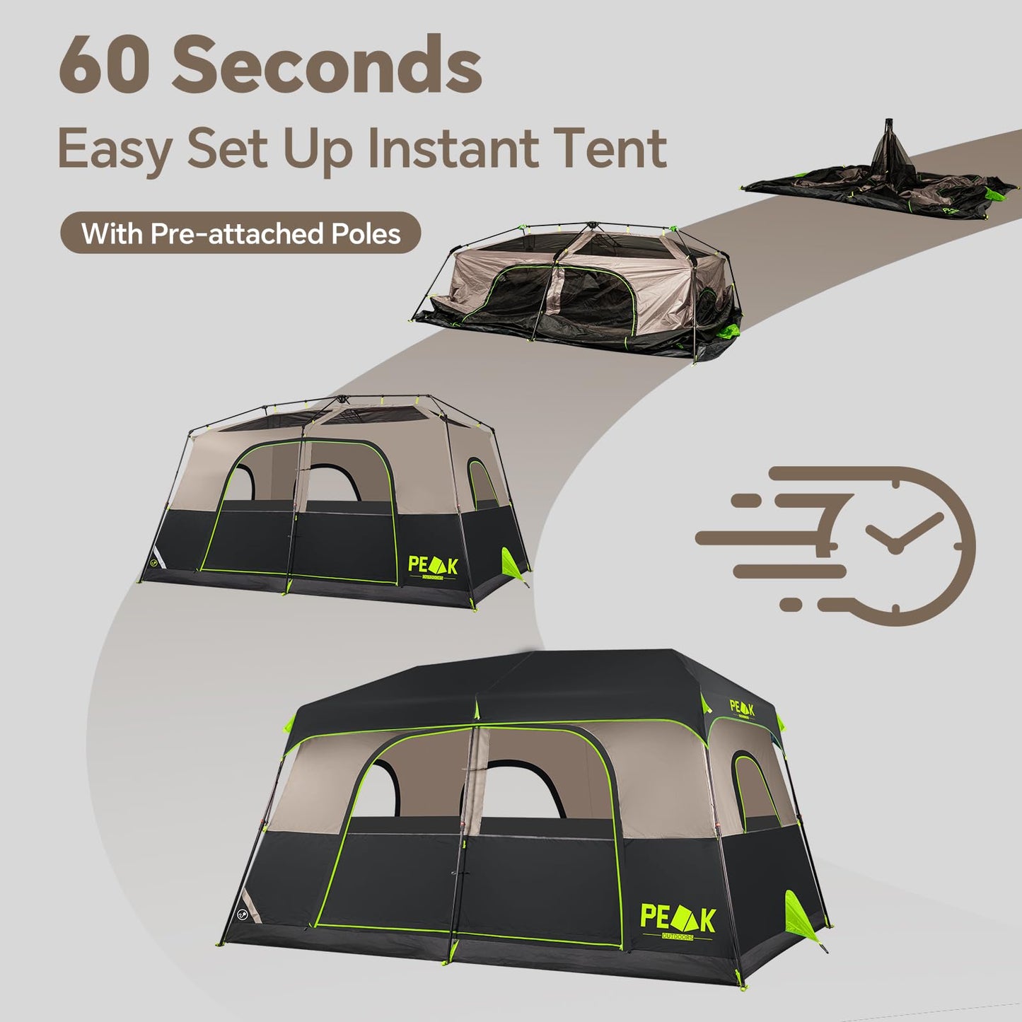 PEAK OUTDOORS Instant Tent 6/8 Person Tents for Camping, 60 Second Easy Setup Portable Camping Cabin Tent with Rainfly, Waterproof Pop Up Tents for Family Camping & Hiking with Expandable Carry Bag