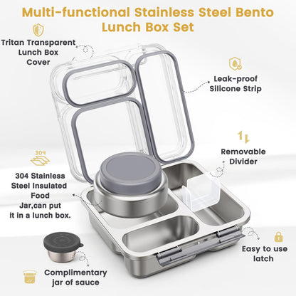 Stainless Steel Bento Box Kids Adult with 7oz Soup Thermo, Transparent Lid 3 Compartments Metal Bento Lunch Box with Insulated Food Jar,Lunch Box Container Sauce Cup for School,BPA-Free(Grey)