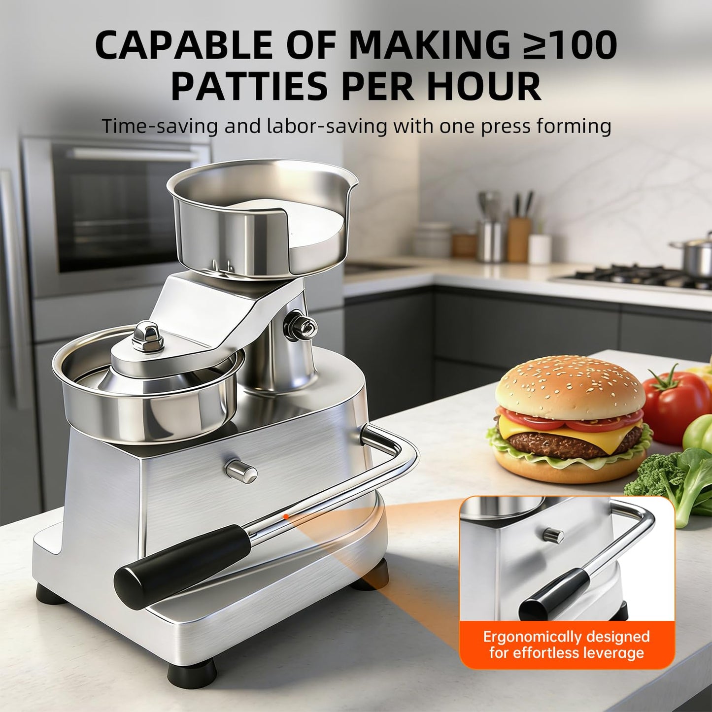 CHEF KEY Commercial Burger Patty Maker, 6inch/150mm Heavy Duty Food-Grade Stainless Steel Bowl Press with 1000 Patty Papers for Restaurants, Home Kitchens (6 inch)