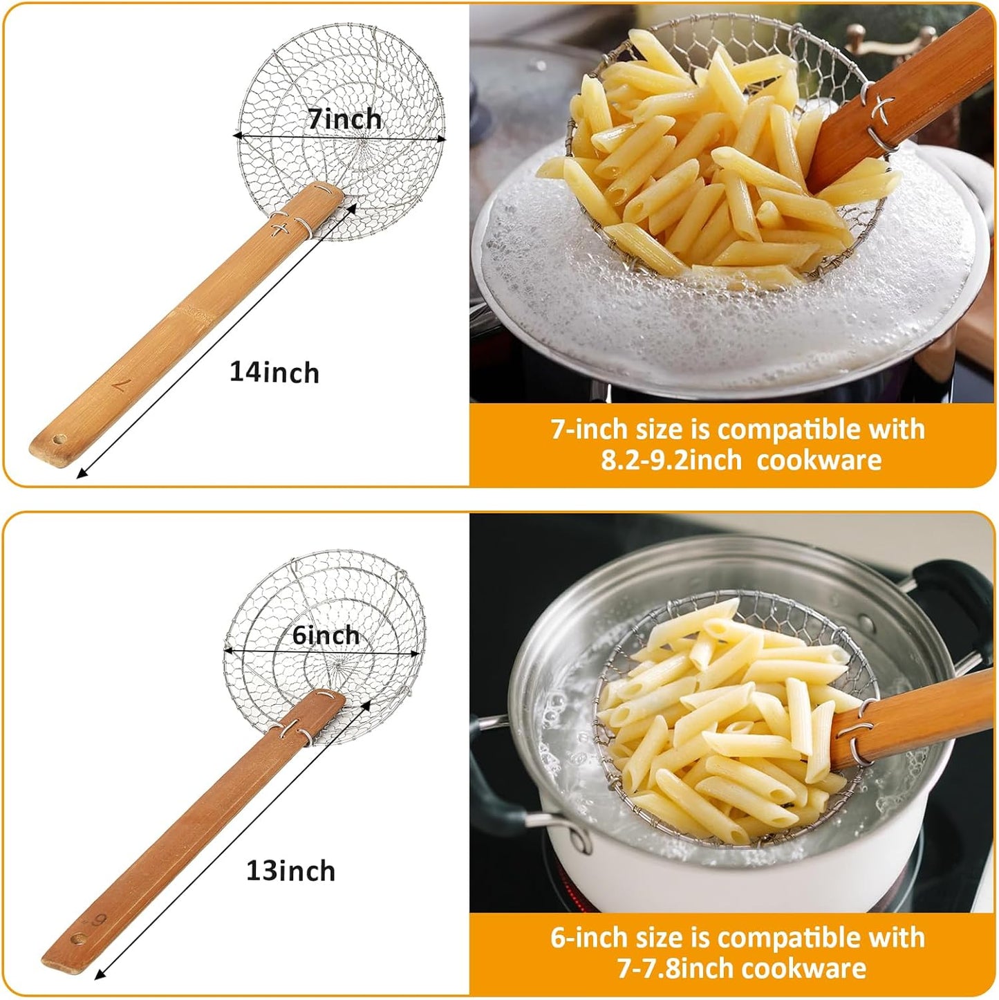 Stainless Steel Spider Strainer, Asian Kitchen Wire Food Cooking Skimmer with Natural Bamboo Handle, 6-Inch