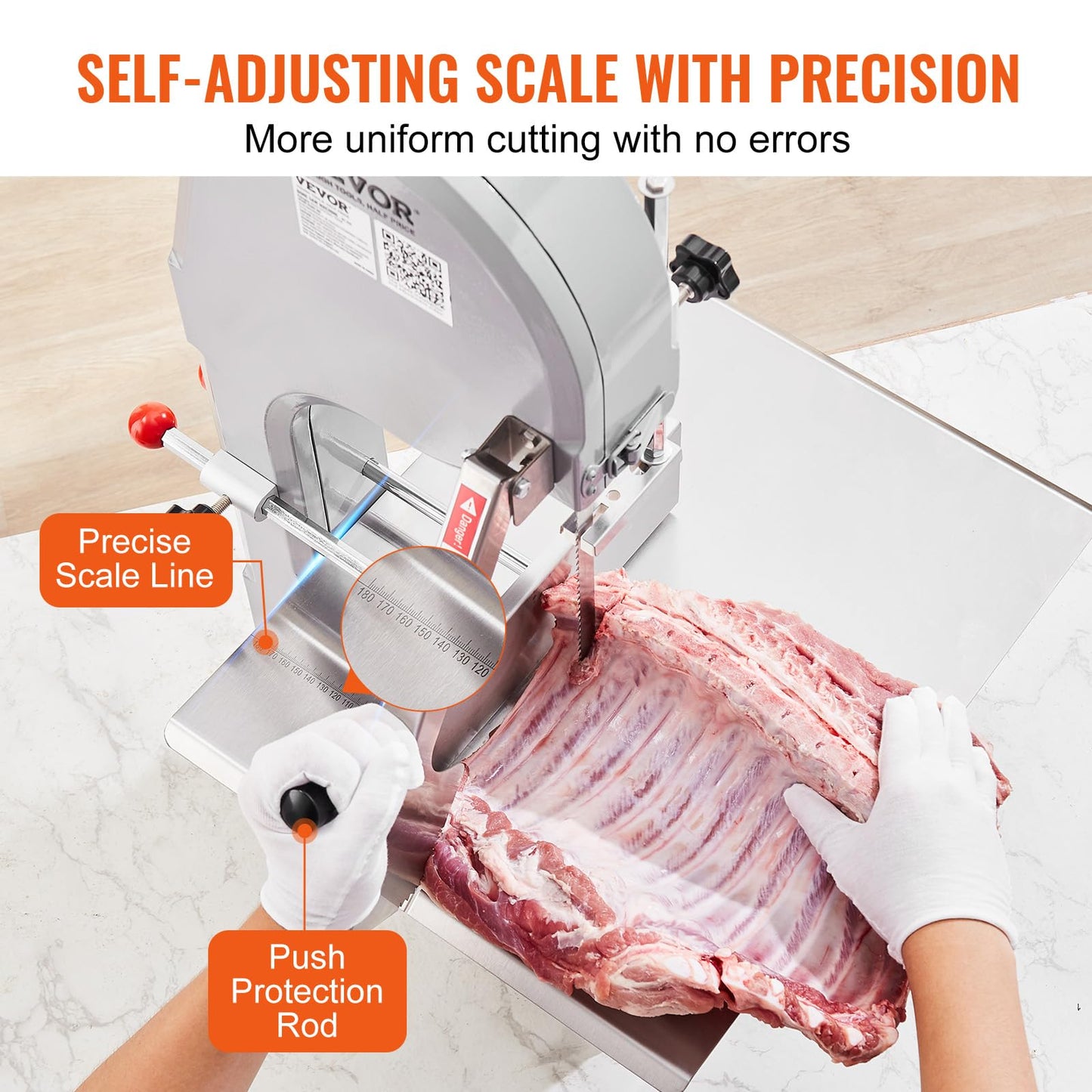 Commercial Electric Meat Bandsaw, 1500W Stainless Steel Countertop Bone Sawing Machine, Workbeach 19.3" x 15", 0.16-7.9 Inch Cutting Thickness, Frozen Meat Cutter with 6 Blades for Rib Pork Beef