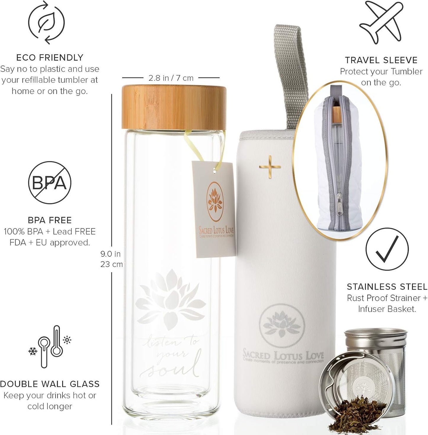 15oz Cozy Sacred Lotus Love Double-Walled Glass Tea Tumbler with Infuser and Strainer - Perfect for Loose Leaf Tea