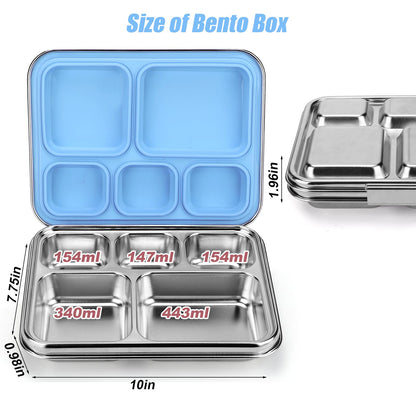 Palksky Lunch Bento Box Stainless Steel, Metal Bento Boxes for Kids Leak-Proof, 5 Compartments Lunchable Food Storage Containers with Lid for School, Office, Travel - Blue
