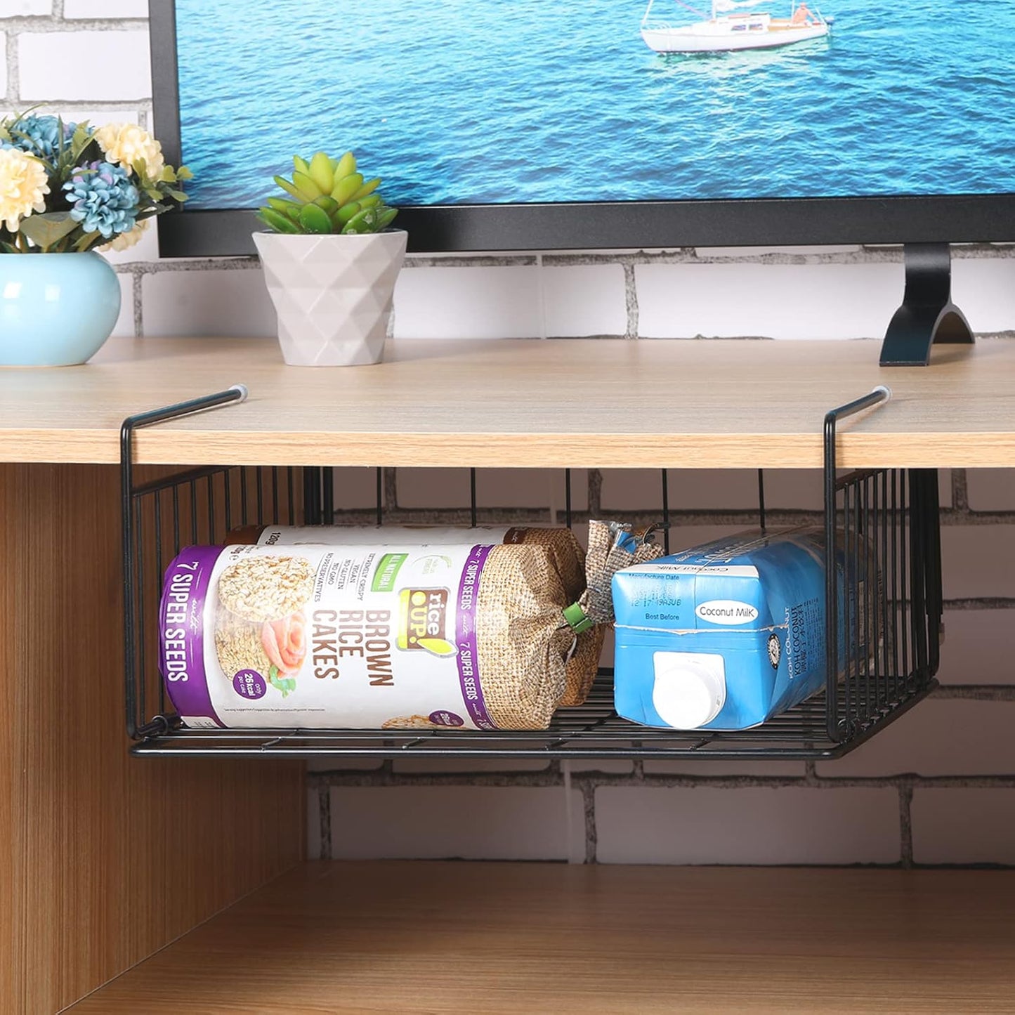 SUFAUY 2-Pack Steel Under Cabinet Shelf Basket Organizer, Metal Wire Rack Hanging Storage Baskets for Kitchen Pantry,