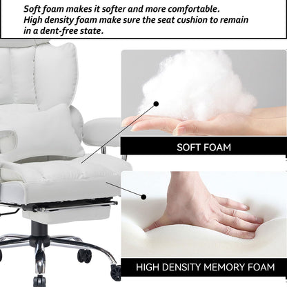 Efomao Big and Tall Office Chair 400lbs – High Back Executive Chair with Swivel Base, PU Leather Upholstery, Lumbar Pillow, Padded Armrests, and Rolling Wheels，White Computer Chair