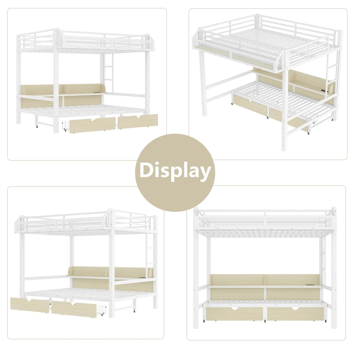 Bellemave Queen Over Queen Metal Bunk Bed with Storage Drawers and Shelves, Heavy Duty Bunk Beds with LED Lights and Charging Station for Kids,Adults,Convertible into a Sofa Bed,White