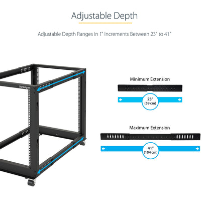 StarTech 18U 4-Post Server Rack, 19in Open Frame Rack with 40in (101cm) Mounting Depth and 1200lb (544kg) Weight Capacity, Mobile or Floor Mount IT Rack