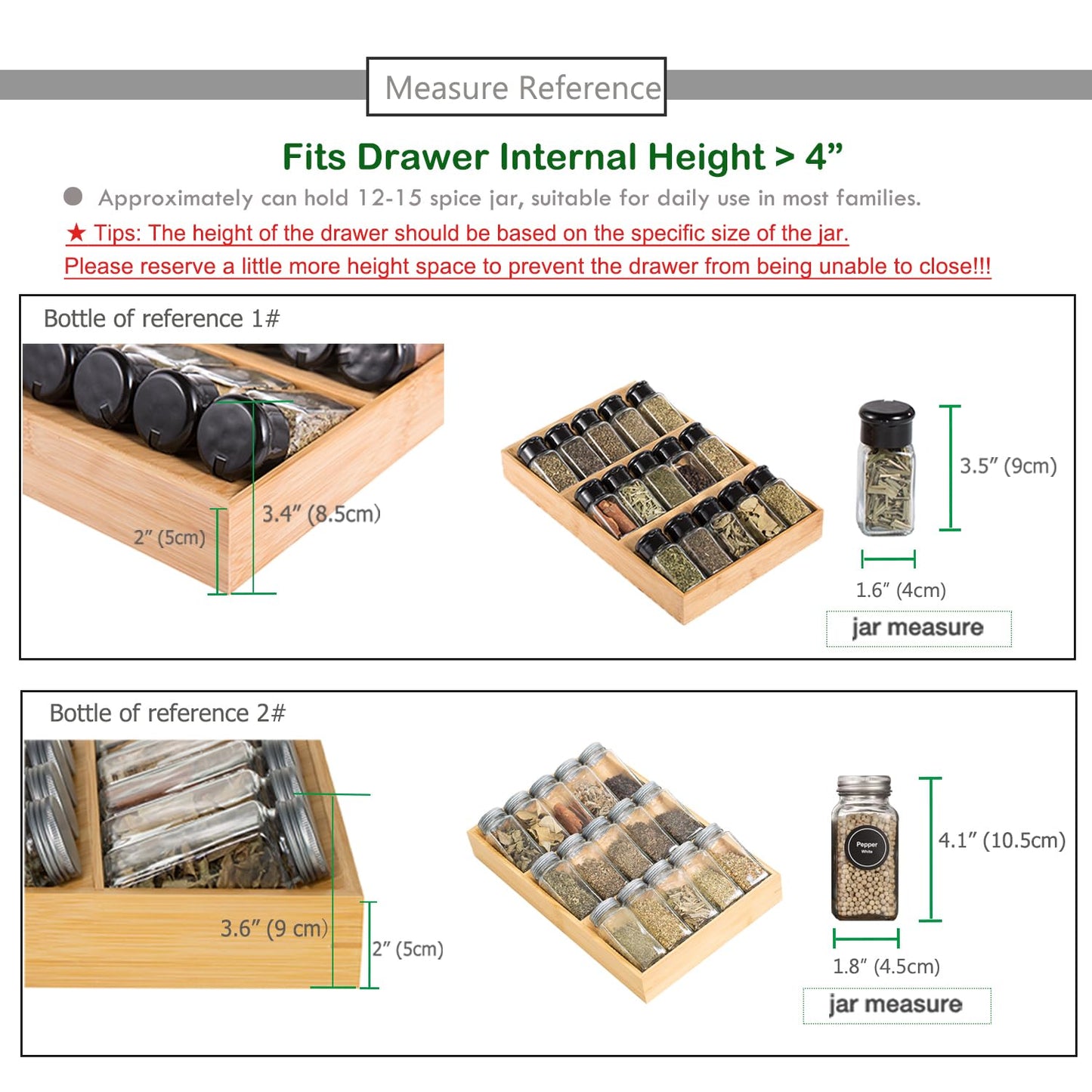 Sansnow 3-Tier Bamboo Drawer Spice Rack Wooden Kitchen Cabinet Spice Organizer Spice Jar Holder, Medicine/Health Care/Vitamin Bottles Storage Rack (Pre-Measure Drawer Dimensions), 1 Pack Drawer Rack