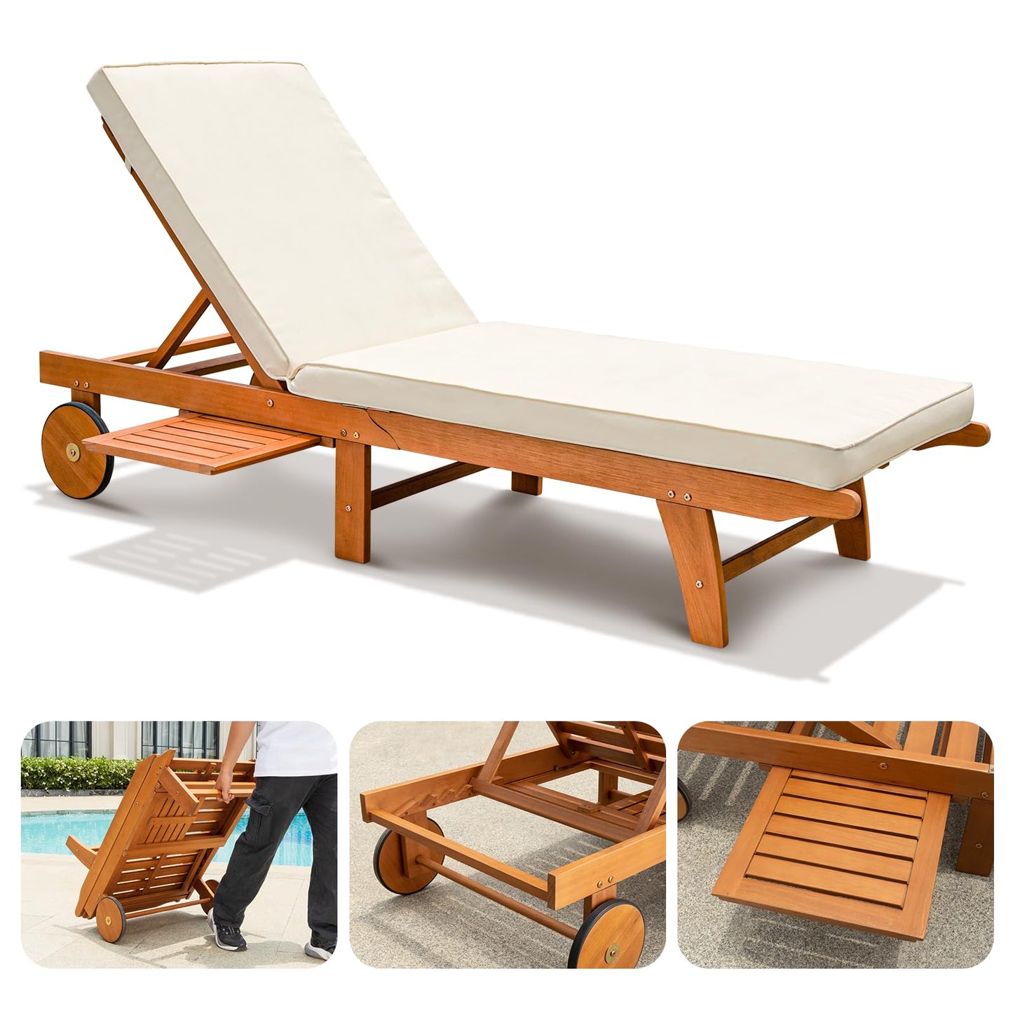 IDZO Upgraded Cushion Outdoor, 500lbs Capacity Patio Pool Loungers, Stackable and Foldable Design, Reclining Backrest, Federica Wood Chaise Lounge, Brown