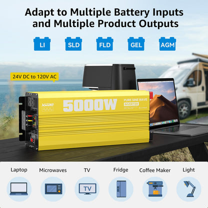 XWJNE 5000W Pure Sine Wave Power Inverter 24V DC to 120V AC Converter with LED Display and Remote Controller for Home, RV, Truck, Off-Grid Solar Power