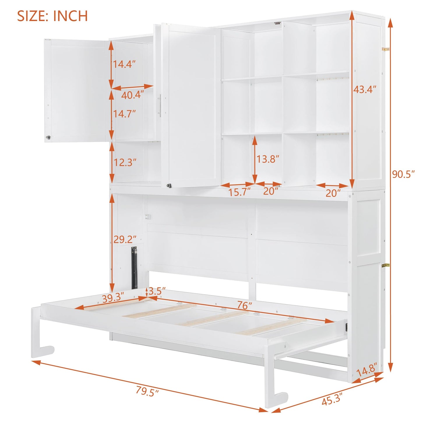 Ball & Cast Twin Size Murphy Bed,Foldable Wall Bed with Top Cabinet,Storage Shelves,Hidden Cabinet Bed Frame with Led Light and USB Port for Bedroom,Guest Room,Space Saving,No Box Spring Needed,White