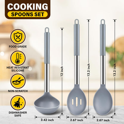 3Pcs Silicone Cooking Spoon Set, Kitchen Utensils Include Solid & Slotted Spoon, Soup Ladle, Food-Grade Heat Resistant 446°F, Non-Scratch Spoons for Serving, Stirring, Draining, Dishwasher Safe, Gray
