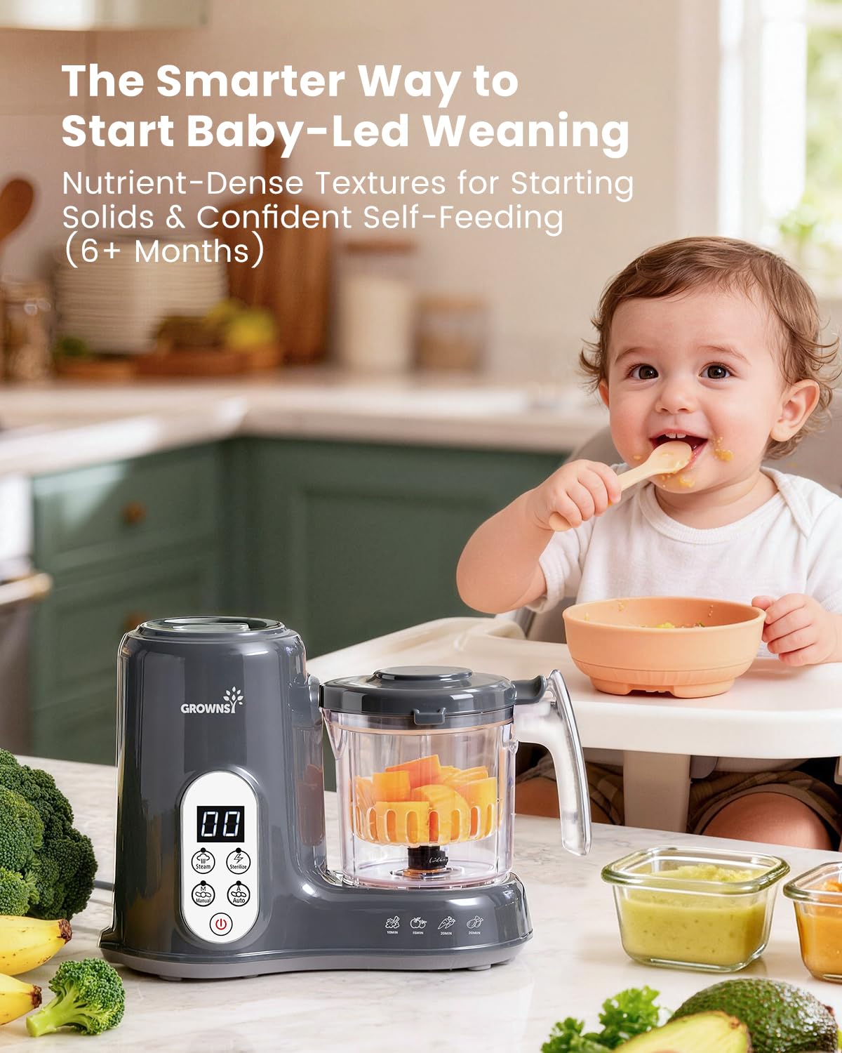 Grownsy Baby Food Maker with Steam Basket, One Step Baby Food Processor Steamer Puree Blender Grinder Mills Machine, Auto Cooking Grinding and Sterili-zing for Healthy Homemade Baby Food, Dark Grey