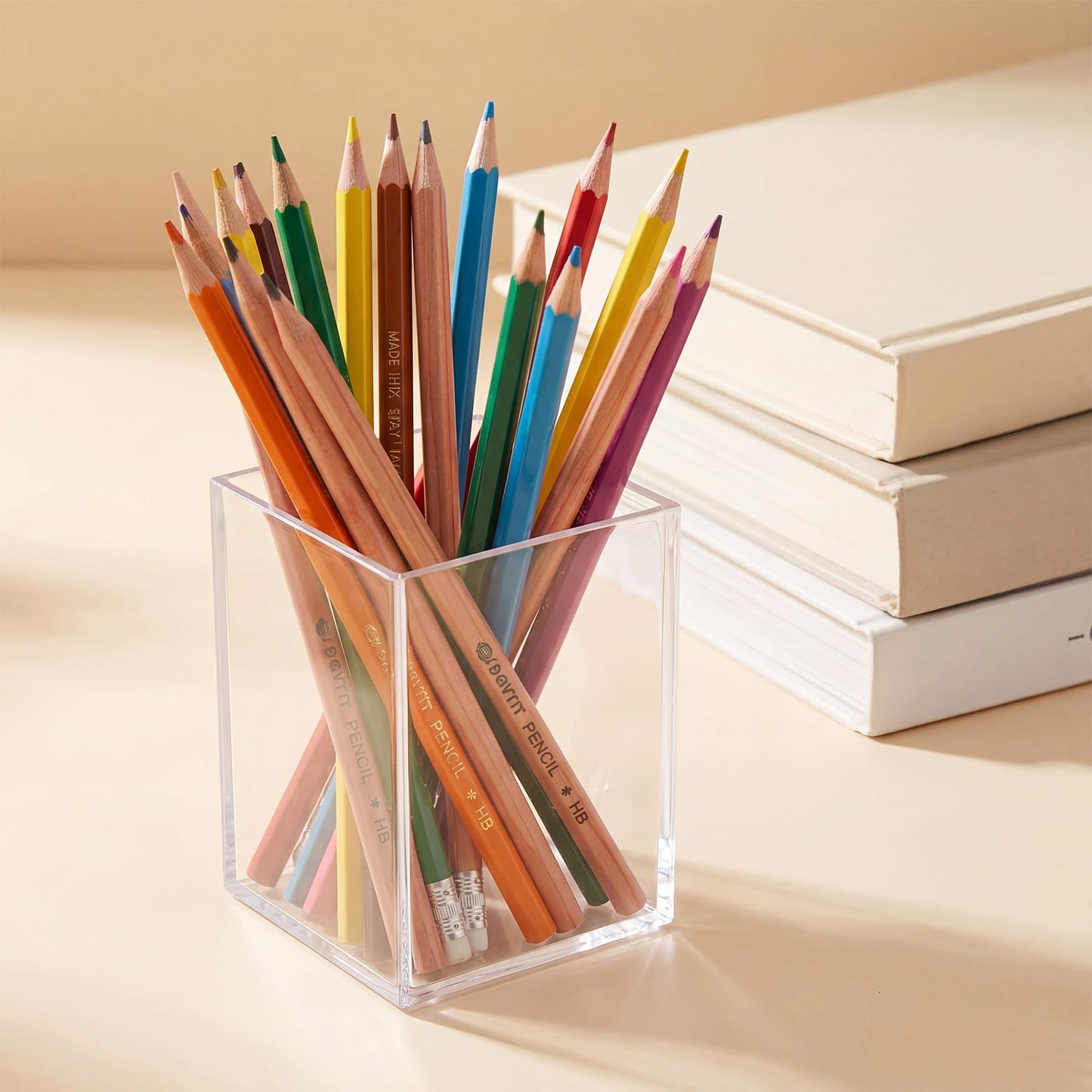 Wovnet 50 Pack Clear Acrylic Pencil Pen Holder Cup Square Makeup Brush Storage Organizer Bookmark Hairbrush Fork Holder 2.6 x 2.6 x 3.5 Inch Desktop Stationery Organizer Accessories for Office Home