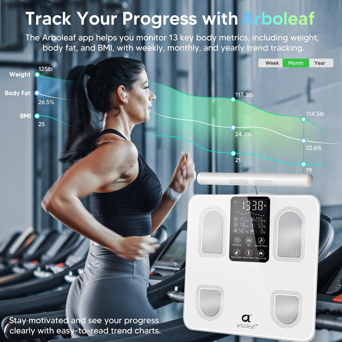 arboleaf Scale for Body Weight, Smart Scale with BMI, Body Fat, Muscle Mass, Upgrade 50+ Metrics Full Body Composition Analyzer, 8-Electrode High Precision Digital Bathroom Scale, Bluetooth Sync