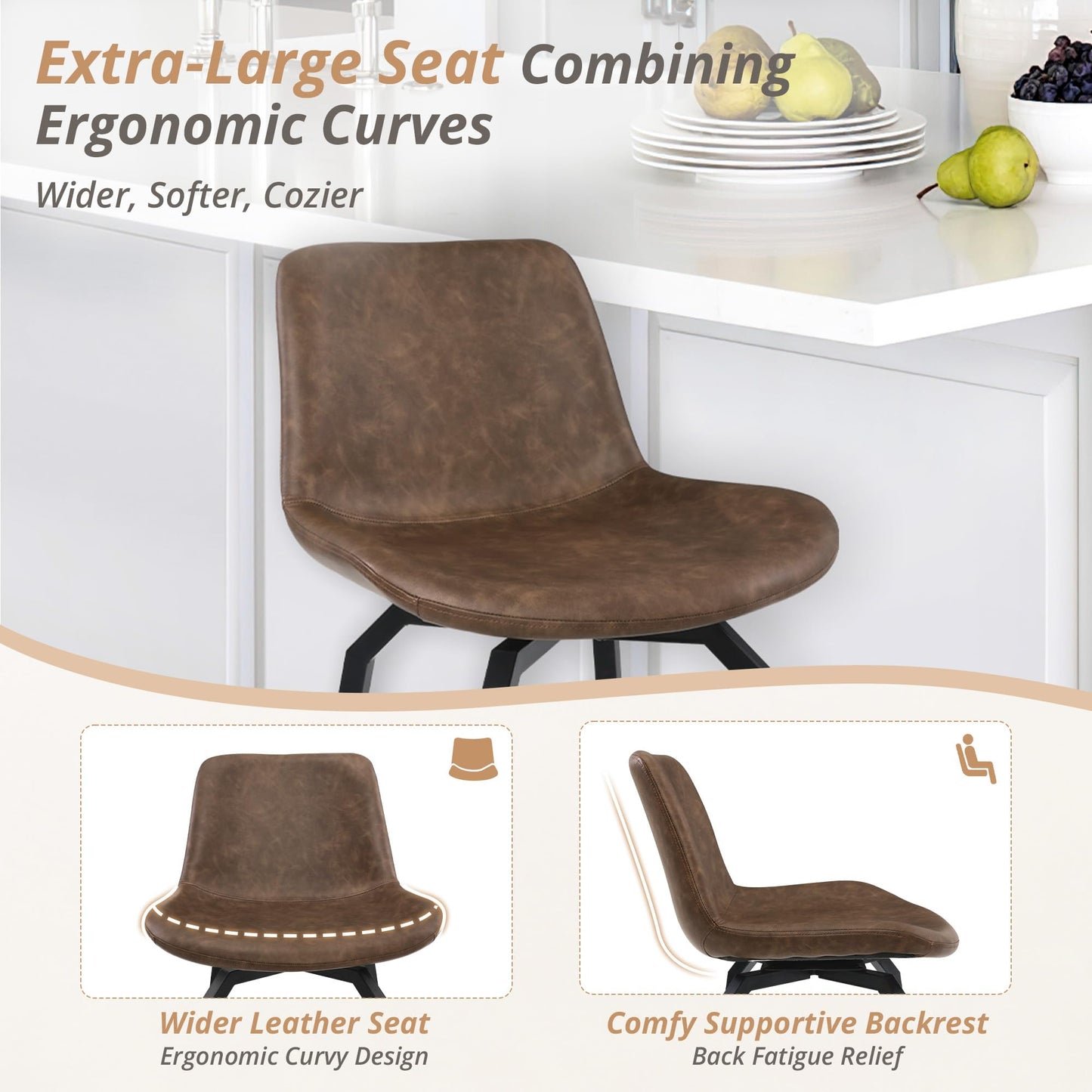 LUE BONA 360° Swivel Bar Stools Set of 4, 26 Inch Counter Height Bar Stools, Modern Faux Leather with Enlarged Seats, Metal Legs for Kitchen Island, Dining, Vintage Brown