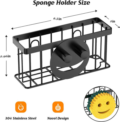 MURLONG Sponge Holder - Smiley Face Kitchen Organizer with Suction Cups & Adhesive Strips | Black