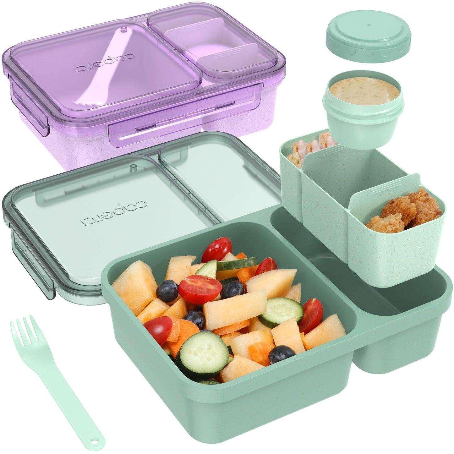 Caperci 2 Pack Salad Containers - Extra-Large 62 oz Bento Lunch Box for Adults, 2-Compartment Meal Prep Container with Removable Toppings Tray, Sauce Cup, Reusable Fork, BPA-Free (Purple & Green)