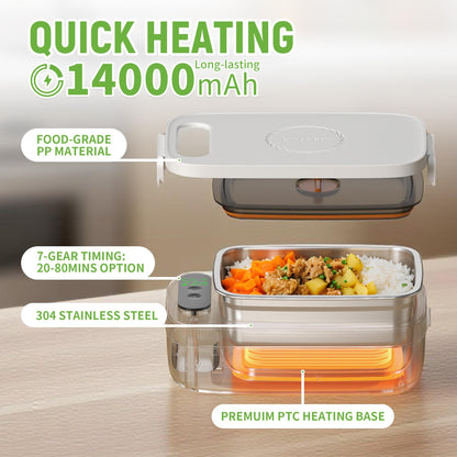 AmaCielo Cordless Electric Lunch Box, 14000mAh Rechargeable Heating Lunch Box with Large Bag for Adults, 1L Portable Self-Heating Food Warmer for Work, Office, Car, Travel, Picnic & Outdoor