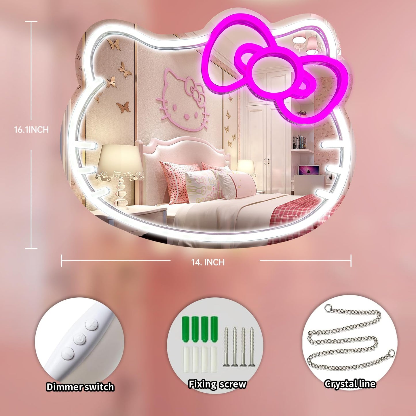 Anime Hello Kit Mirror with Light Neon Signs for Wall Decor, Dimmable for Teen Girl Gift，Makeup Mirror neon Sign Room Decor (16.1 * 14 inch)
