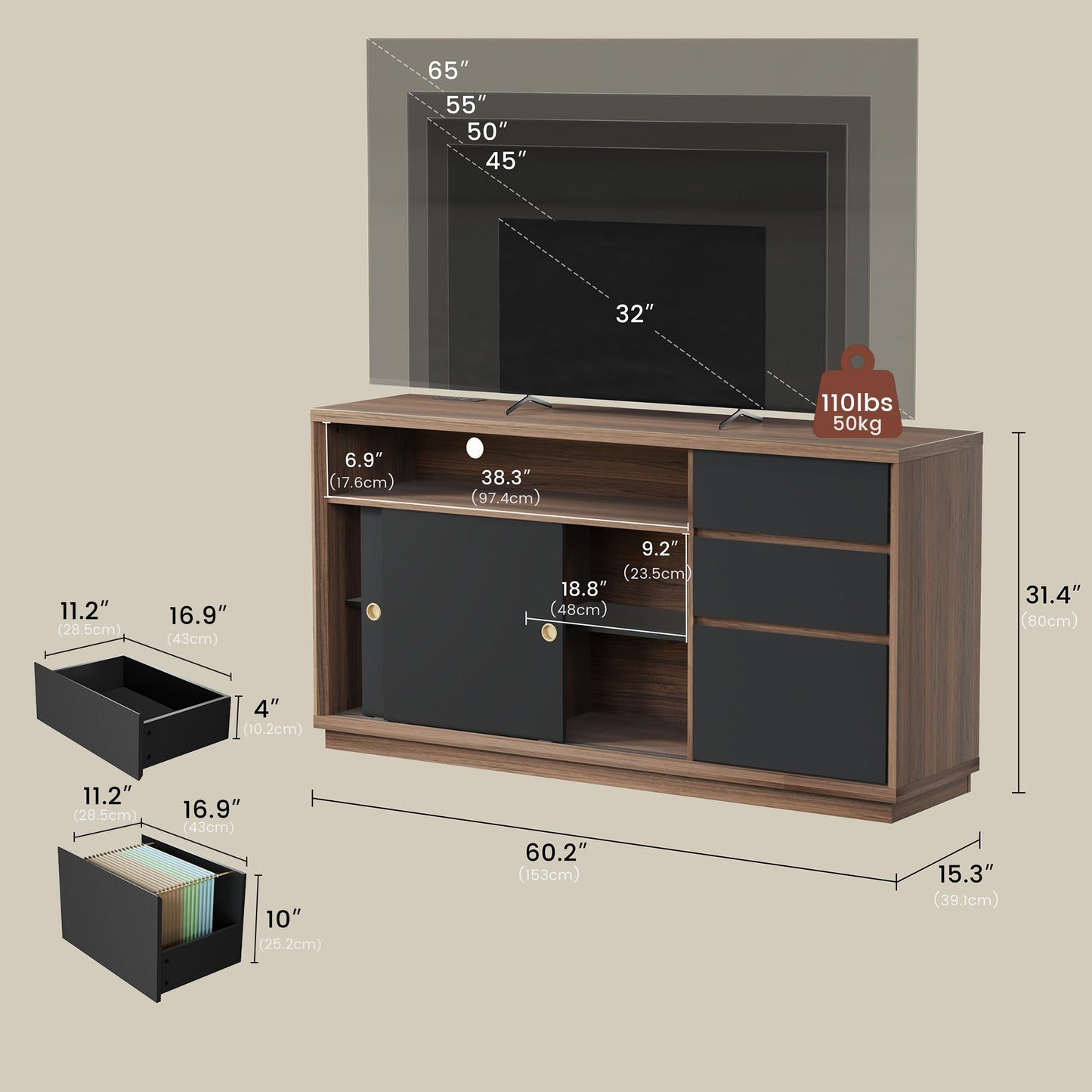 ModernMate 60" File Cabinet with 3 Drawer, Large Storage Sideboard, Filing Cabinet with Built-in Outlet and Adjustable Shelf for Living Room Study Home Office, 15.4" D x 60.2" W x 31.5" H