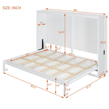 Ball & Cast Murphy Bed Queen Size Wall Chest with Charging Station and Slat Support,Wood Hideaway Cabinet Platform Bedframe w/Leg,can be Folded,Space-Saving,for Small Room,Dorms,White