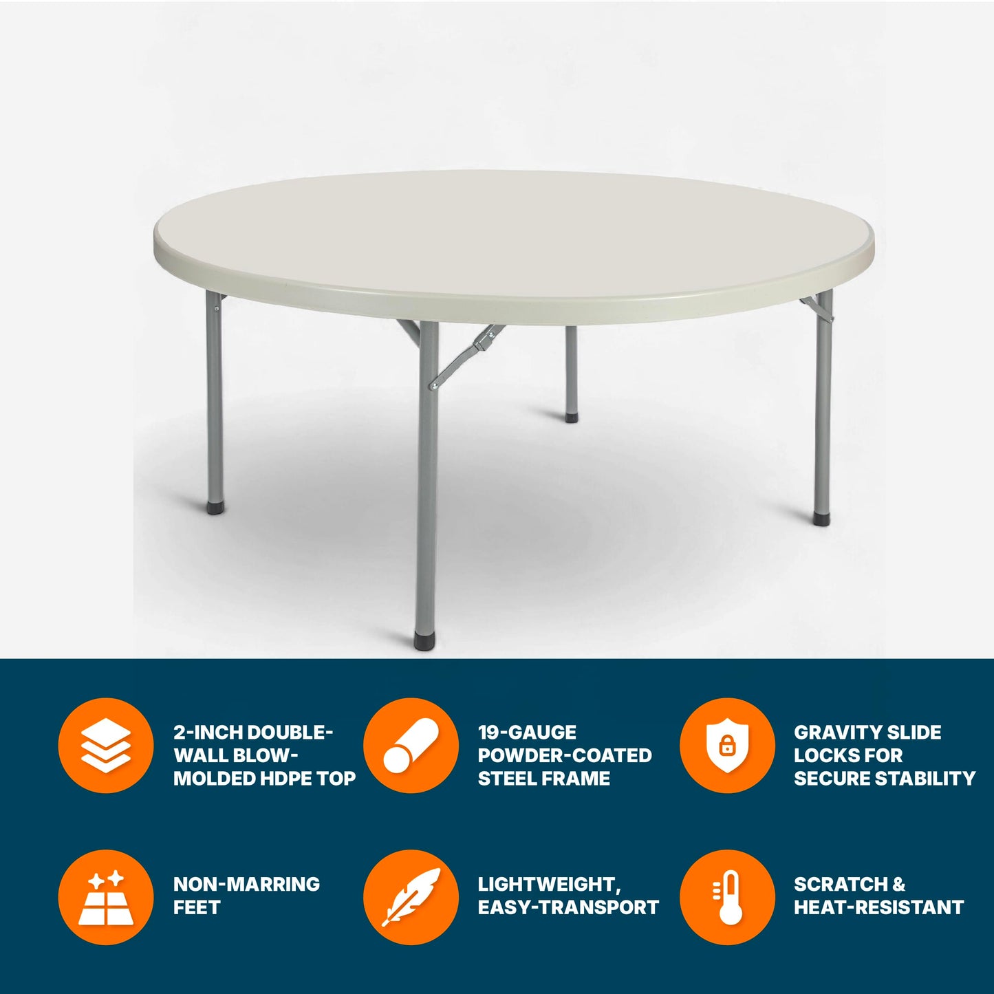 OEF Furnishings OEFBT60R Round Commercial-Grade Premium Industrial Folding Table, Heavy-Duty Blow-Molded Design with Thick Top and 17-Gauge Steel Frame (60" Diameter, Speckled Gray Top)