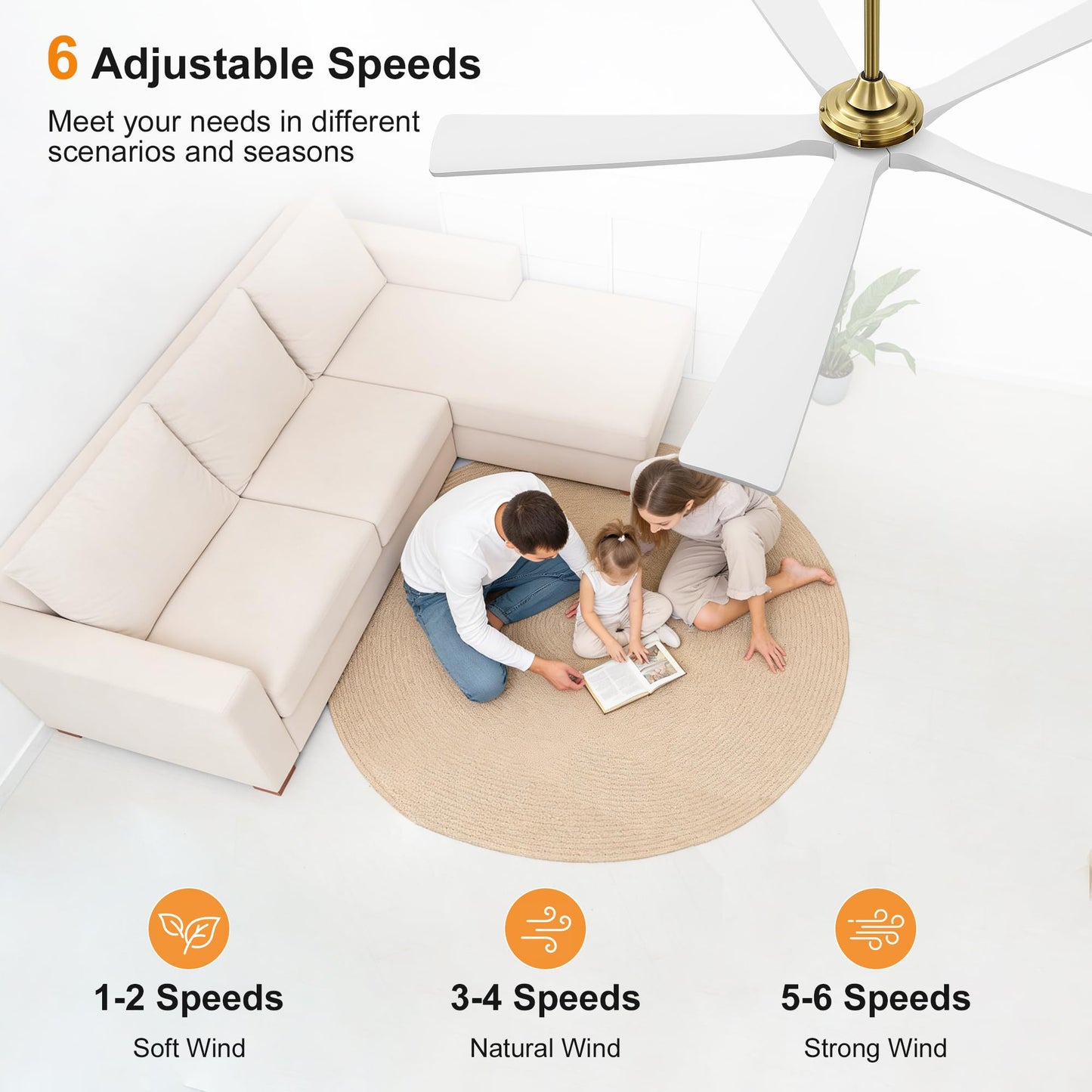WINGBO 60 Inch Ceiling Fan without Light - 5 Carved Solid Wood Blades, 6-Speed Reversible DC Motor, Noiseless Remote Control Ceiling Fan No Light for Bedroom Living Room Kitchen, Gold and White