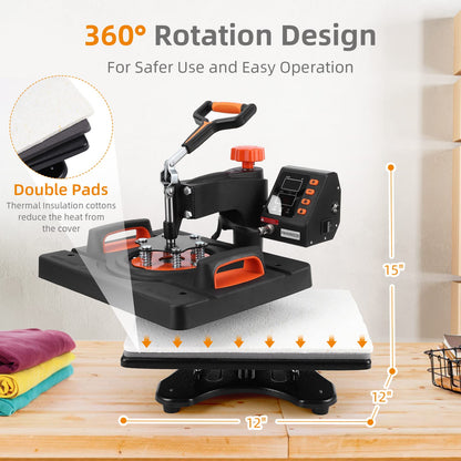 Garvee Heat Press Machine, 12 X 15 in Heat Transfer Machine, 360°Swing Away, 6 in1 Heat Press, 800W Sublimation Machine, Digital Industrial-Quality Shirt Pressing Machine for Hat, Cap, Mug, Plate