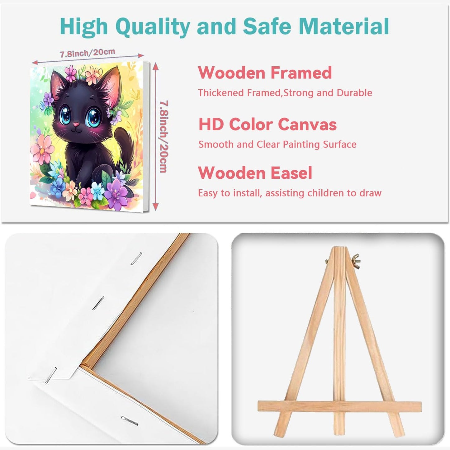 4 Pack Paint by Numbers Kit for Kids with Frame - Wooden Easel, Animal Paint by Numbers for Kids Ages 4 8 12, Easy Owl Cat Sloth Zebra Acrylic Oil Painting Kits for Home Wall Decoration 8x8 inch