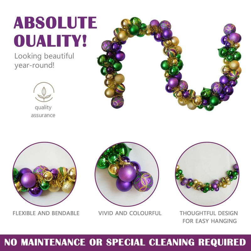 6 Ft Mardi Gras Garland with Purple Green Gold Glitter Balls, Carnival Bead Decor for Front Door, Mantel, Wall and Fireplace, Festive Fat Tuesday Indoor Outdoor Party Supplies