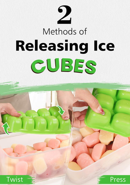 DOQAUS Ice Cube Tray with Lid and Bin - 4 Pack Ice Bucket Kits, Stackable Silicone Ice Trays for Freezer, Easy Pop Out, BPA Free for Cocktail, Coffee, Soup, Food, RV, Kitchen