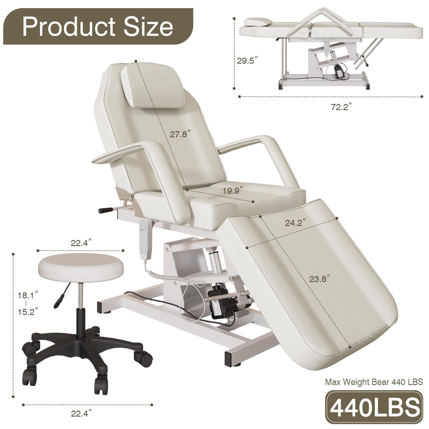 YOCONYO Electric Facial Bed for Esthetician, Tattoo Chair for Client Spa Massage Chair with Hydraulic Stool, 3 Section Esthetician Bed for Home Spa Beauty (White)