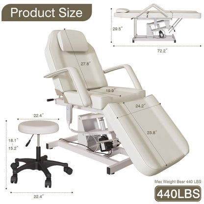 YOCONYO Electric Facial Bed for Esthetician, Tattoo Chair for Client Spa Massage Chair with Hydraulic Stool, 3 Section Esthetician Bed for Home Spa Beauty (White)