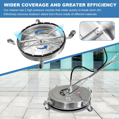 20" Pressure Washer Surface Cleaner with 4 Wheels - Stainless Steel Dual Handle Surface Cleaner 4600 Max PSI, 3/8" Connector & 1/4" Adapter Power Washer Floor Attachment,for Floor Driveway, Patio