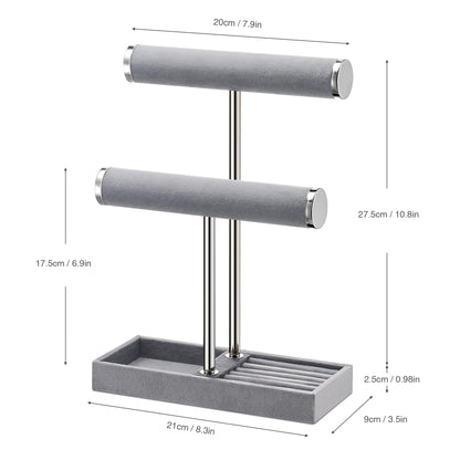 bussdis 2 Tier Bracelet Holder Display - Detachable T Bar Grey Velvet Bracelet Holder, Jewelry Holder Organizer for Bracelet, Necklace, Earrings, Rings