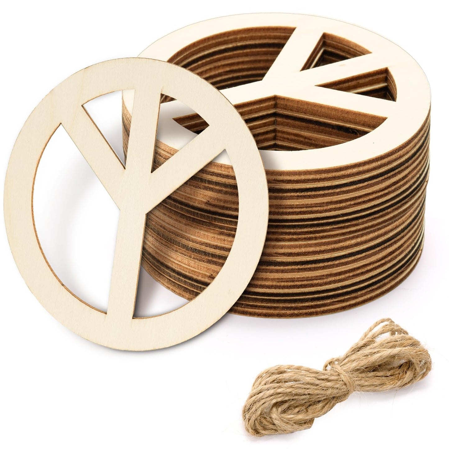 YOUEON 50 Pcs Unfinished Wood Peace Sign with Jute Rope, 4 Inch Round Wooden Pieces Hanging Ornaments, Cutout Blank Wood Slices for Party, DIY, Crafts