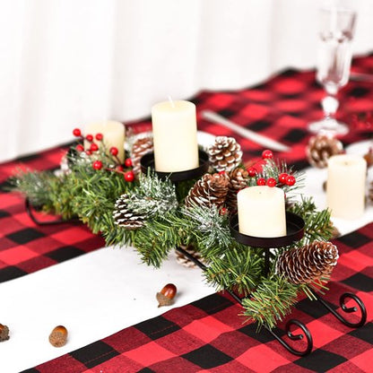 Artiflr 20 Inch Christmas Candle Holder Centerpiece with 3 Candle Holders, Pine Cones, Red Berry Table Accent for Festival Home Decoration