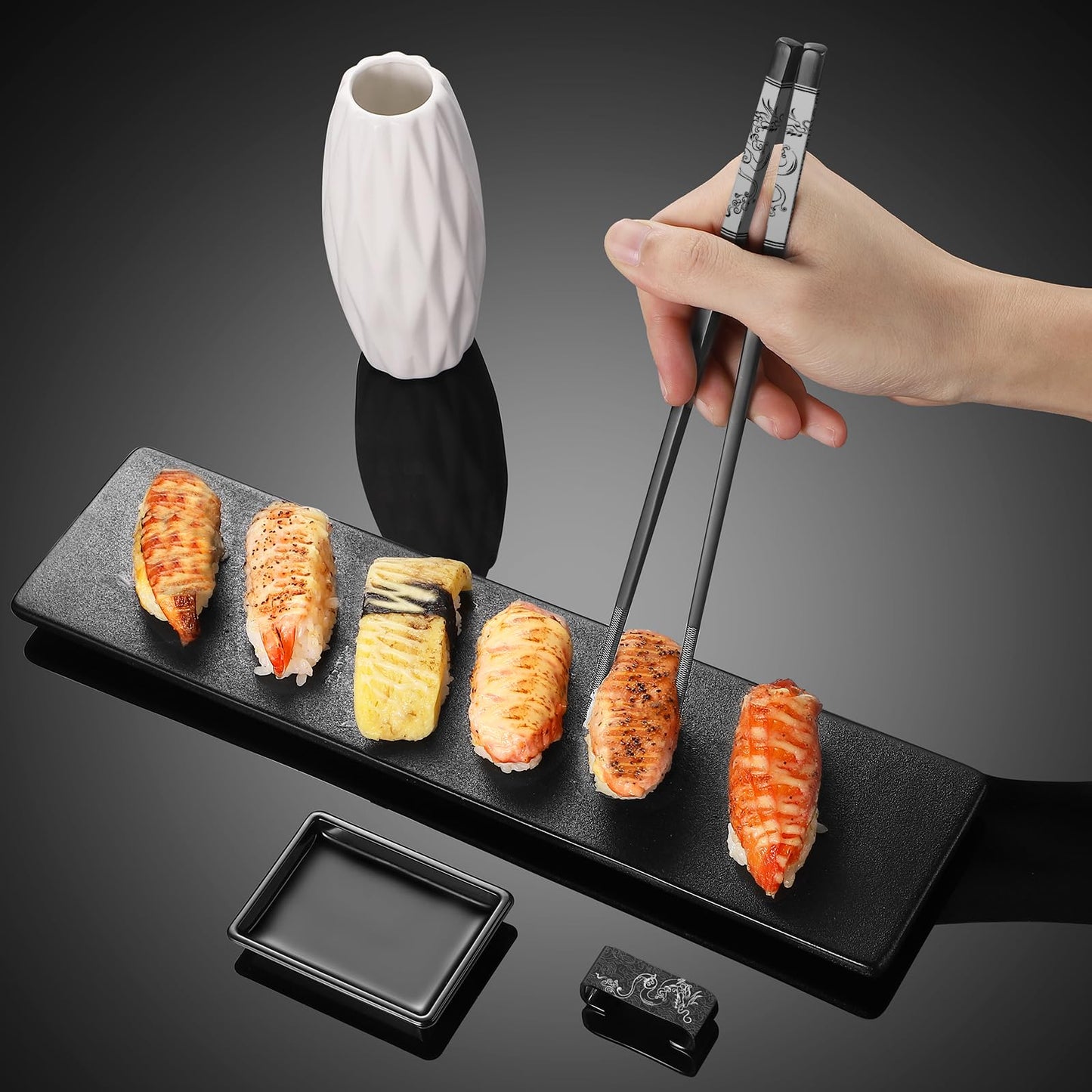 TIICOO Dragon & Phoenix Stainless Steel Chopsticks Set - 4 Pairs 18/8 (304) Metal Chopsticks with Holder - Chinese Traditional Gift Set, Non-Slip, Dishwasher Safe, Elegant Black Gift Box