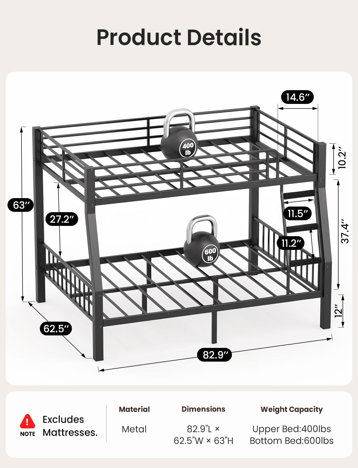 Mixcous Full XL Over Queen Bunk Bed for Adults, Heavy Duty Metal Bed Frame with Full-Length Guardrails & Anti-Slip Ladder, Noise-Free, No Box Spring Needed, Space Saving Queen Bunk Bed, Black