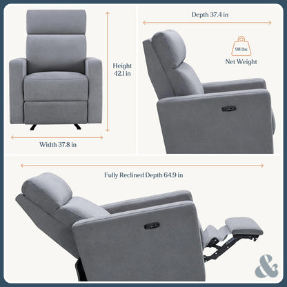 Nurture& The Glider Premium Power Recliner Nursery Glider Chair with Adjustable Head Support | Designed with a Thoughtful Combination of Function and Comfort | Built-in USB Charger (Gray)