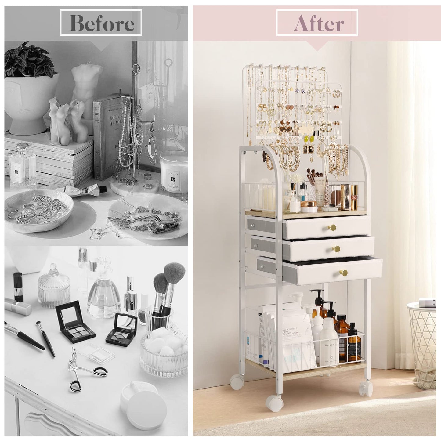 Keebofly Jewelry Organizer Stand with 3 Drawers, Large Necklace Holder & Earring Organizer Rack, Wooden Jewelry Tree Tower for Rings, Bracelets, Sunglasses and Skincare, Gift for Women, White