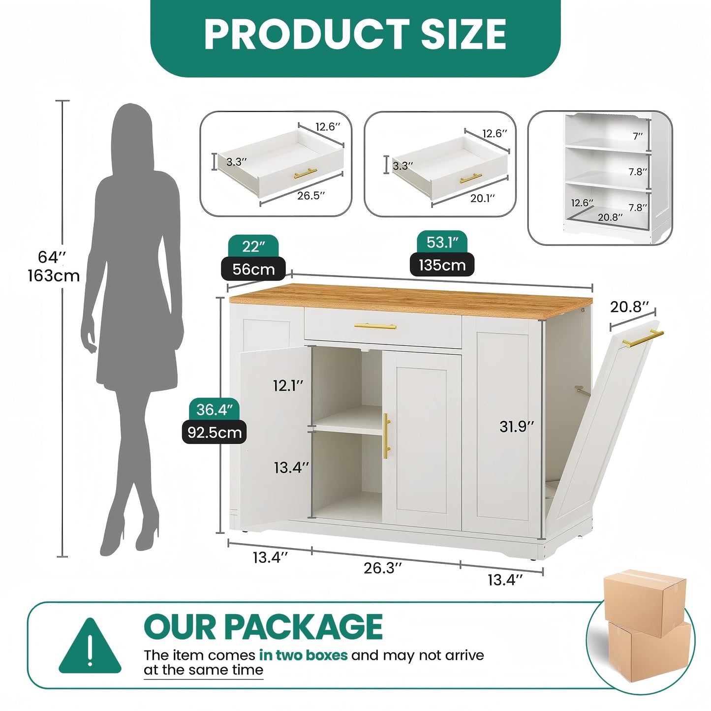 YITAHOME 53 inch Large Rolling Kitchen Island with Trash Can Storage Cabinet, Portable Mobile Islands Table Long Floating Movable w Wheels Cabinet for 13 Gallon Garbage Bin 2 Drawer, White Oak