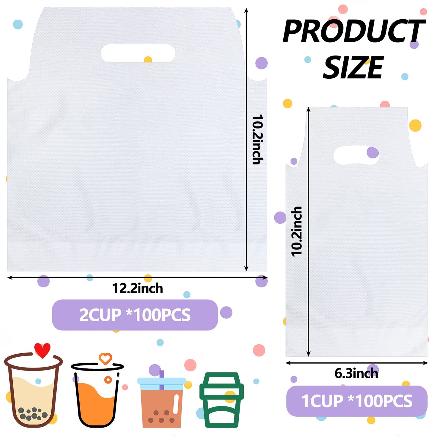 Tinlade 200 Pcs Clear Handle Drinking Poly Bags Bulk 2 Cup and 1 Cup Plastic Portable Cup Carrier Holder Bag Packaging Delivery Hanging Hole, 6.3 x 10.2, 12.2 x 10.2 Inch